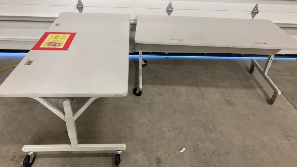 (2) Adjustable Metal Tables w/ Wheels
