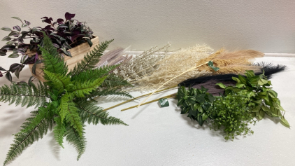 Assorted Artificial Florals and (1) Wooden Box