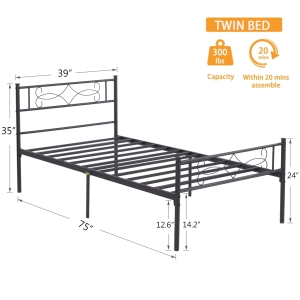 (1) VECELO Black, Twin Bed Frame, Part No. KHD-YT-T28