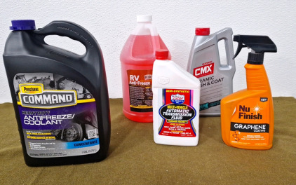 (1) Gallon Prestone Command Heavy Duty Antifreeze/ Coolant Concentrate, (1) Gallon RV Waterline Antifreeze, (1) Quart Lucas Oil Multi Vehicle Automatic Transmission Fluid & More