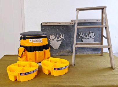 (1) Bucket Boss Kit, W/ 5 Gal Bucket, Bucket Pockets Belt, Bucket Seat Lid & (2) Inside Bucket Stacker Inserts, (2) Mud Flaps 18"W x 20"T & (1) 25"H Wooden Stepstool