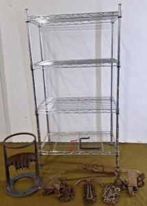 (3) Animal Traps. (1) Cast Iron KindlingCracker & (1) 4-Rack Metal Shelf Unit