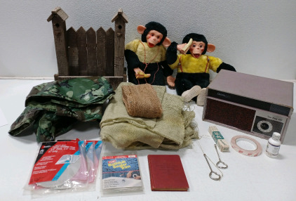 (1) Bird House (2) Vintage Monkey Dolls (1) Vintage Palm Beach Record Player (1) Small Camo Rain Jacket & More