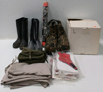 (1) Pair Of XL Camo Icebreaker Boot Blanket (1) Size 11 Boot Liner (1) US Army Pack & More