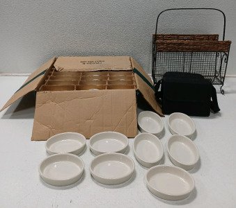 (1) Audiovox Portable DVD Player In Case (1) Floor Magazine Basket (33) Oval Serving Dishes