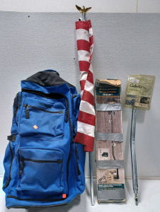 (1) Ultimate Blue Wheeled Duffel Bag (1) Bulk Cylinder (1) Cabela's Frame Mount Transom Saver (1) American Flag