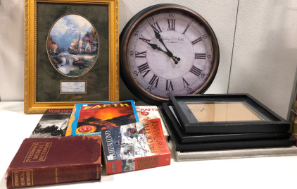 (1) 21”x16” Thomas Kinkade Art (1) Wall Clock (4) Assorted Frames (5) Assorted Books