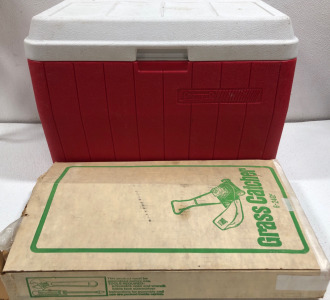(1) Coleman Cooler (3) Grass Catcher