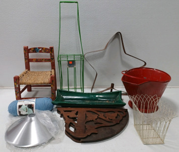 (1) Mini Hand Painted Chair (1) Vintage Ash/Coal Bucket (1) Vintage Tennis Ball Hopper & More