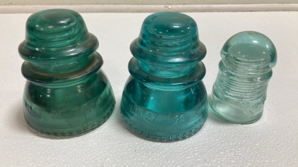 (3) Blue Glass Insulators: (2) Large, (1) Small