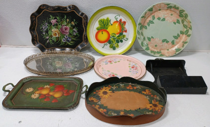 (6) Assorted Vintage Metal Trays (1) Vintage Oval Mirror (1) Wall Hanging Decorative