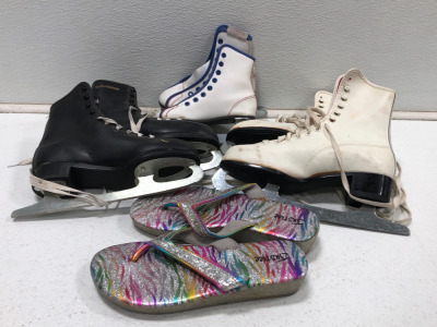 (2) Size 4 Ice Skates (1) Rainbow Flipflops (1) Ice Skates