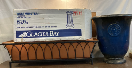 Copper Planter (L39&rdquo;,W10&rdquo;,H10&rdquo;, Large Plastic Planter (H20&rdquo;W18&rdquo;) Glacier Bay Pedestal