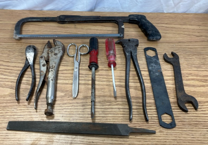 Box Of Various Tools, Including 13” Hacksaw, Wrenches, Drivers And More