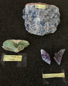 Blue Calcite, Rough Emerald From Pakistan, and (2) Small Amethyst Crystal Clusters