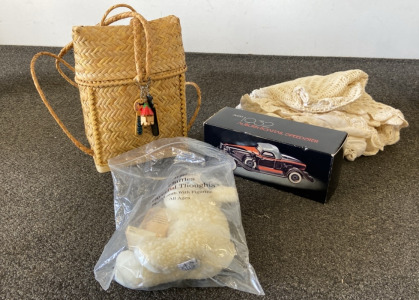 Avon 1932 Auburn Boattail Speedster Figurine , Prayerful Thoughts Plushie, Philippines Bag, And More