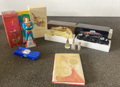 Avon 1937 Ceramic Cord, 1932 Auburn Boattail Speedstar , Spider-Man Bubble Bath , Book