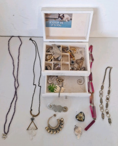 Wooden Jewelry Box Filled w/ Fashion Jewelry Including Mother Of Pearl, Quartz Crystal & More
