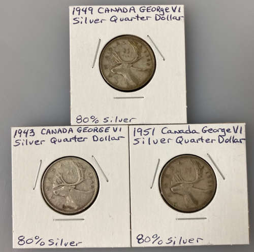 1943, 1949, 1951 Canada George 80% Silver Quarter Dollar