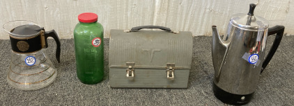 Vintage box, glass vase, and Presto coffee pot. BB10