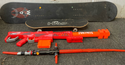 Skateboard, Halo skateboard, Fortnite nerf gun, and lightsaber. BB10