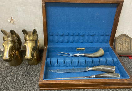 Original Roger’s Silverplate knife and fork, metal horse decor, 1928 call to prayer picture. BB52