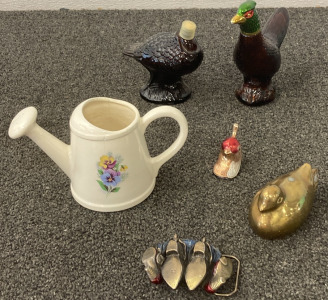 (2) Vintage Avon Quail Decanter Aftershave Bottles, Display Watering Can Cup, Bird Paper Weight and Western Belt Buckle