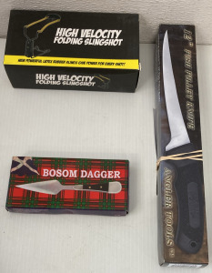 High Velocity Folding Slingshot, Bosom Dagger, And 12&rdquo; Fish Filleting Knife