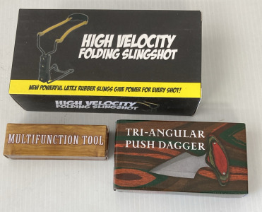 High Velocity Folding Slingshot, Triangular Push Dagger, And Wood Handled Multifunction Tool