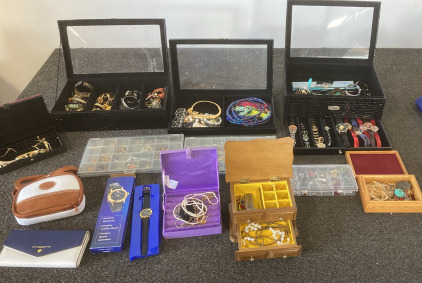 Boxes Full Of Watches, Necklaces And Earrings Including Liz Claiborne Hand Purse And Purse