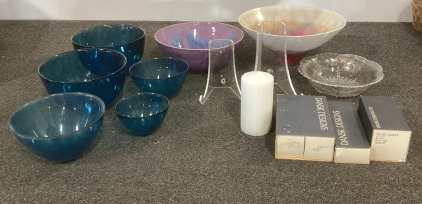 Orrefors “Fuga” Blue Glass Bowls, Dansk Pillar Candles, Assorted Home Decor