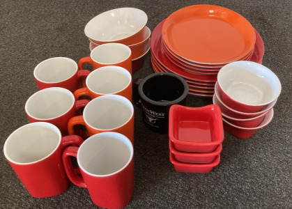 (9) Rachel Ray Plates, (10) Veriously Sized Rachel Ray Bowls, (7) Rachel Ray Coffee Cups, (1) TrailWest Bank Coffee Cup