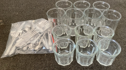 (7) Tall Glass Cups, (6) Small Cups, (1) Bag Of Silverware