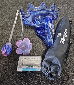 Swirl Swan Bowl Dish, (2) Purple And Blue Glass Flowers,(1) Targus TryPod Stand, Vintage Gillette Adjustable Razor