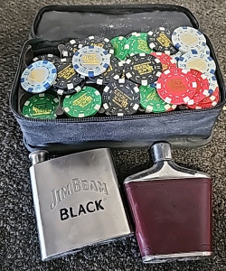 Imported Black Velvet Canadian Whisky Poker Chips W/ Deck Of Cards, (1) Jim Beam Black Flask, (1)Crown Royal Flask