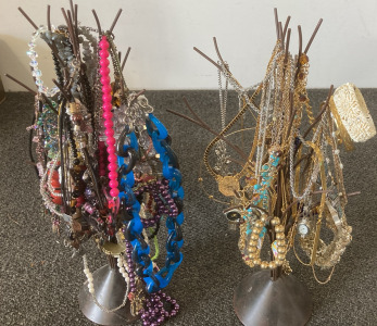 Set Of Jewelry Trees With Costume Jewelry Including Necklaces, Bracelets