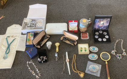 Ray Ban Glasses Including Geneva And Guess Designer Watches , 3 Turquoise Diamond Studded Belt Buckle Brass Magnifying Glass With Jewelry And Phone Sterilizer And 10 Point Buck Collector Tankard