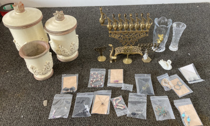 Brass Menorahs, Clay Jars, Glass Candle Holders With Costume Jewelry