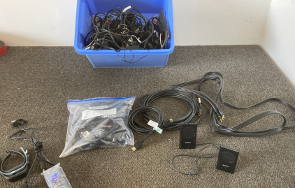 Box Full Of Wires Including HDMI Cable, Roku, Smart Watches, Sony Laptop Speakers