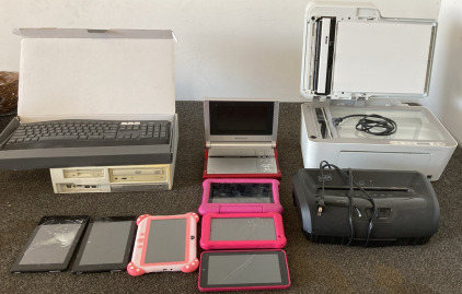 Hp Printer, Staples Paper Shredder A Computer Tower 6 Tablets And A Logitech G213 Keyboard