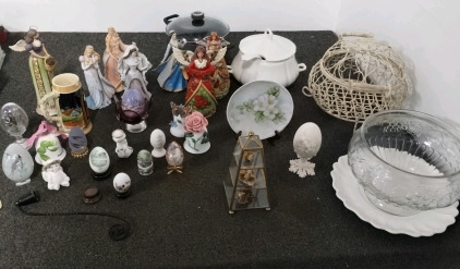 Ceramic And Glass Eggs Including ceramic Figurines Vintage Plate Punch Bowl Ceramic Soup Dish And A. German Stein