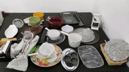 Various Kitchenware Including Butter Warmer's, Glass Serving Plates, Measuring Bowls Vegetable Dicer, Sheet Pans