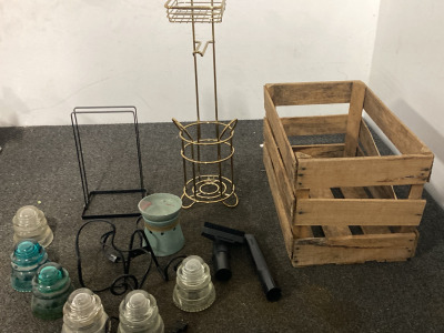 Vintage Clear & Aqua Glass Hemming Ray And Hemingray Telephone Insulators ,Scentsy Gold Plated Tissue Holder And Vacuum Attachments Includes Wooden Crate