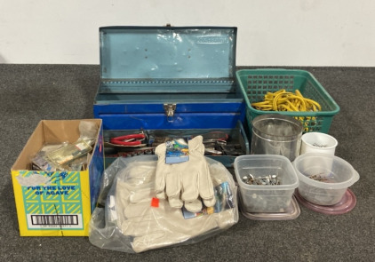 Toolbox With Tools, Nails, Work Gloves And More