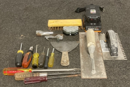 (9) Verious Size Screw Drivers, (1) Grout Spreader, (1) Worksite battery And Battery Charger & More!