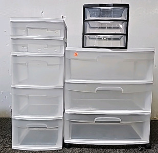 (1)White 5 Drawer Storage,(1) Black 3 Drawer Storage, (1) White 3 Drawer Storage BBFN