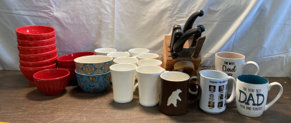 Variety Of Bowls, Coffee Cups & Knives
