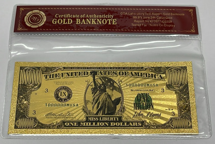 $1,000,000 Miss Liberty 99.9% 24k Gold Foil Banknote W/ COA