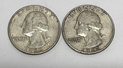 (2) Silver Washington Quarters Dated 1962