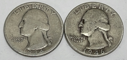(2) Silver Washington Quarters Dated 1934 And 1946